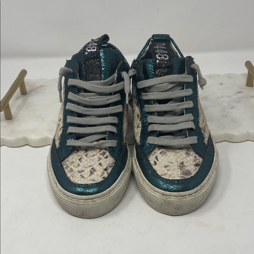P448 Metallic Teal Snakeskin Accent Lace Sneakers Size 6
